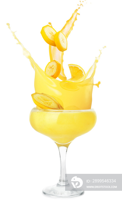 Glass of tasty banana daiquiri cocktail on white background