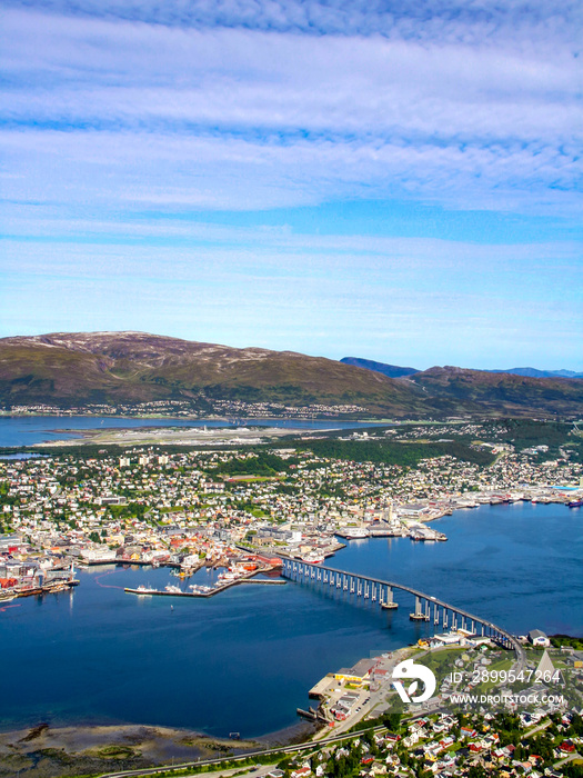 Aerial view of Tromso and its surrounding fjords from the cable car, in far northern Norway, above the arctic circle
