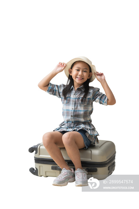 Pretty asian little girl sits on a suitcase adventure vacation travel trip dream concept. Smiling cute little girl isolated background