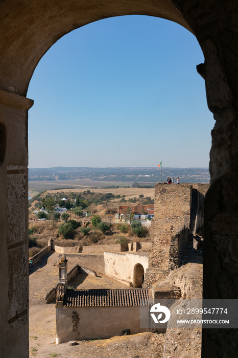 View of Juromenha castle window in Alentejo landscape in Portugal