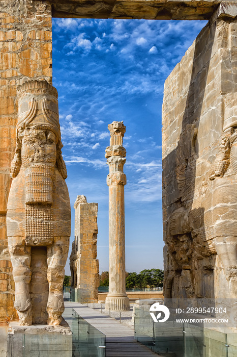 Persepolis was the ceremonial capital of the Achaemenid Empire. Persepolis is situated 60 km northeast of the city of Shiraz in Fars Province, Iran, Middle East, Asia