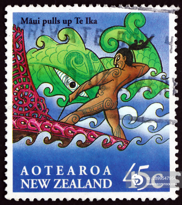 Postage stamp New Zealand 1994 Maui Pulls up the Fish