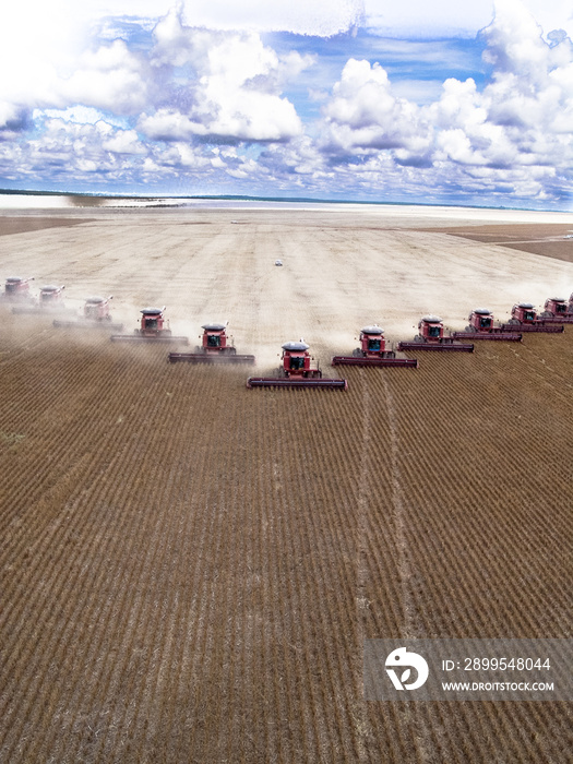 Mato Grosso, Brazil, March 02, 2008: Mass soybean harvesting at a farm in Campo Verde