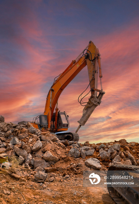 Hydraulic hammer excavator and bucket excavator operate in Athens in Greece