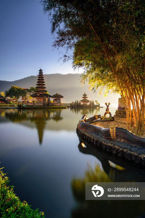 The warmth morning light at Pura Ulun Danu Bratan in the sunrise time, Famous Hindu temple and tourist attraction in Bali, Indonesia.