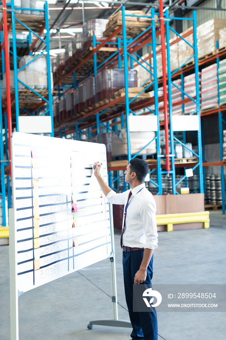 Male staff writing on sticky notes in warehouse