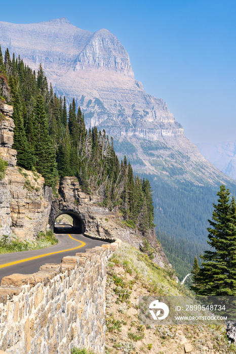 Tunnel along Going to the Sun Road in Glacier National Park on a hazy day