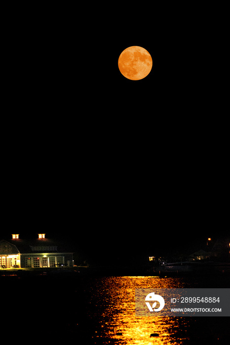 August Super Moon rising over Canandaigua Lake in Upstate NY.  Orange full moon rising over the trees along the finger lakes in Upstate NY.