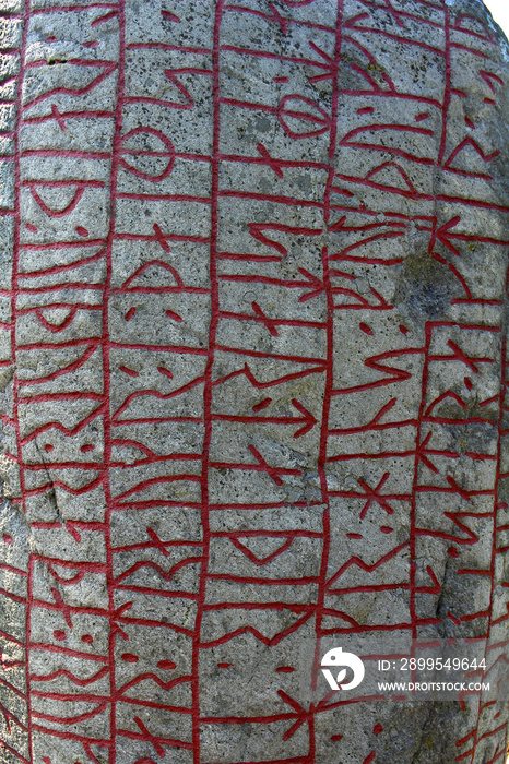 Karlevi runic stone on Swedish island Oeland with ancient verse about a Danish Viking chief. Island of Oland in the Baltic Sea, Sodra Olands Odlingslandskap - UNESCO World Heritage Site, Sweden