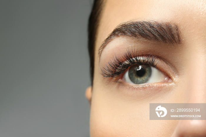 Young woman with beautiful eyebrows on grey background, closeup