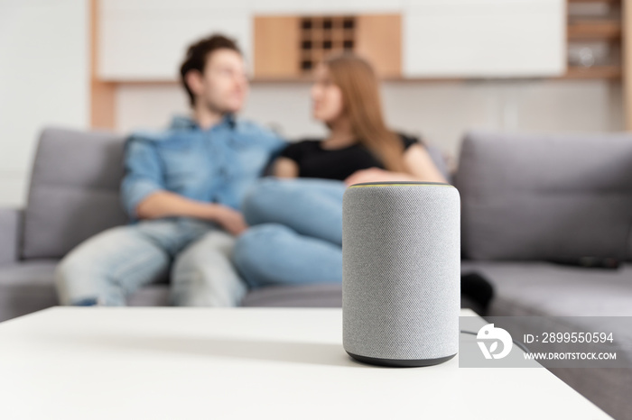 Couple talking command to smart speaker