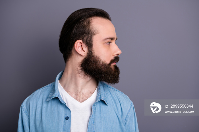 Profile side photo of focused guy look copy space show his groomed beard after spa salon bodycare hair care therapy procedure wear stylish clothes isolated over grey color background