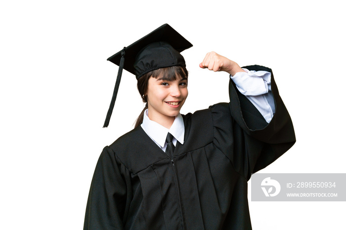 Little university girl over isolated background doing strong gesture