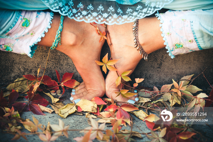 closeup of woman feet in yoga position outdoor