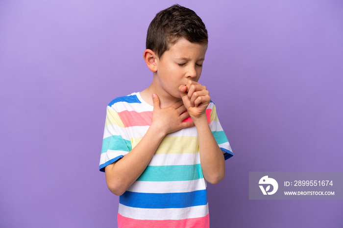 Little boy isolated on purple background coughing a lot