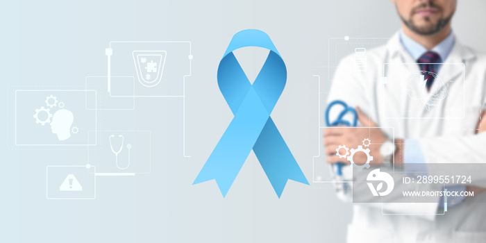 Doctor and blue ribbon on virtual screen against light background. Prostate cancer awareness concept