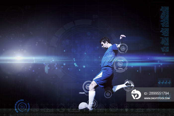 Football player kicking ball against blue dots on black background