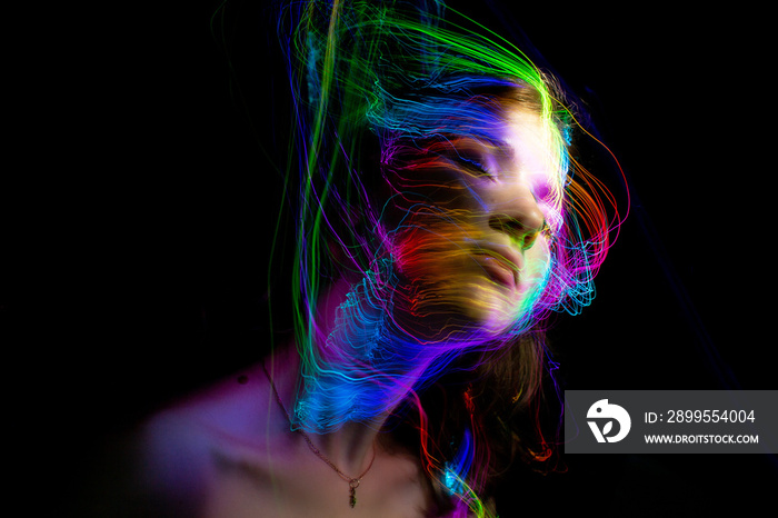 lightpainting portrait, new art direction, long exposure photo without photoshop, light drawing at long exposure