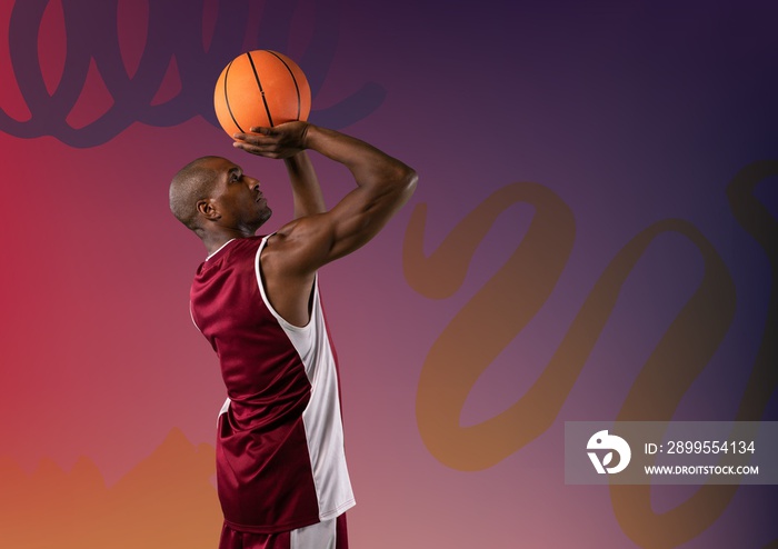 Composition of african american male basketball player with ball with copy space on purple