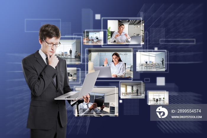 Attractive young european business man with laptop and creative digital picture gallery on blue background. Photo album and media technology concept. Going through images.