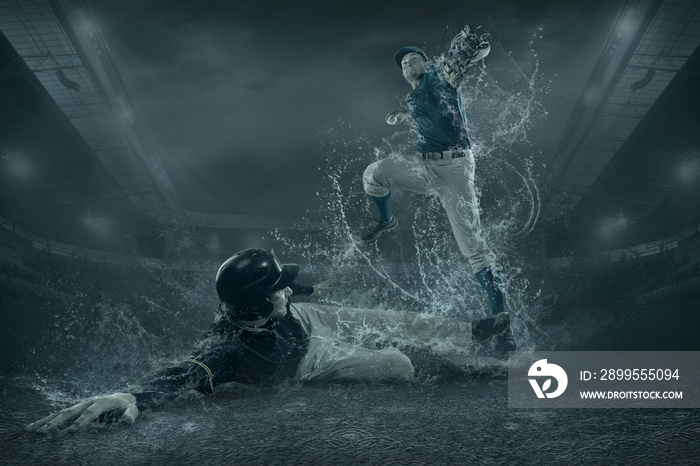 Baseball players in action under water