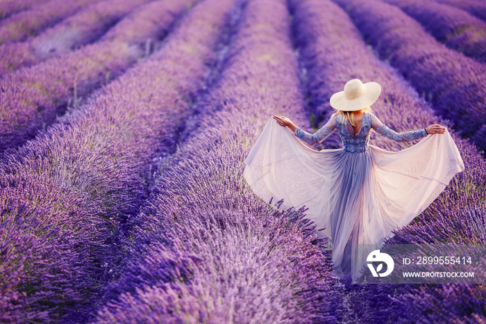 Woman in lavender flowers field at sunset in purple dress. France, Provence