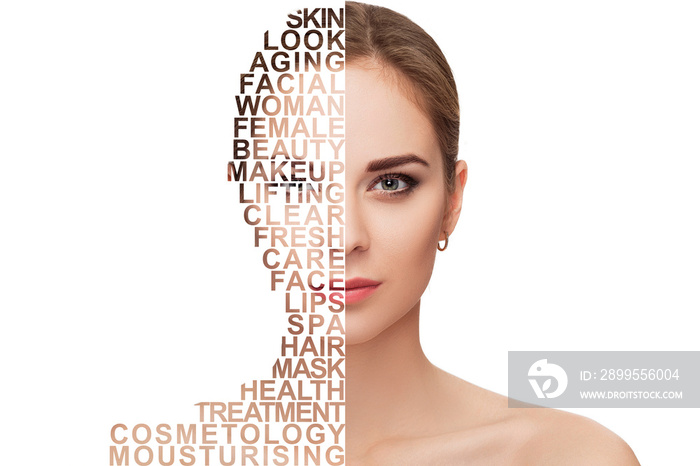 Front portrait of beautiful young blonde woman with green eyes on white background closeup. girl with clean skin