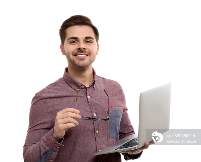 Male programmer with laptop on white background