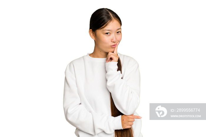 Young Asian woman isolated on green chroma background contemplating, planning a strategy, thinking about the way of a business.