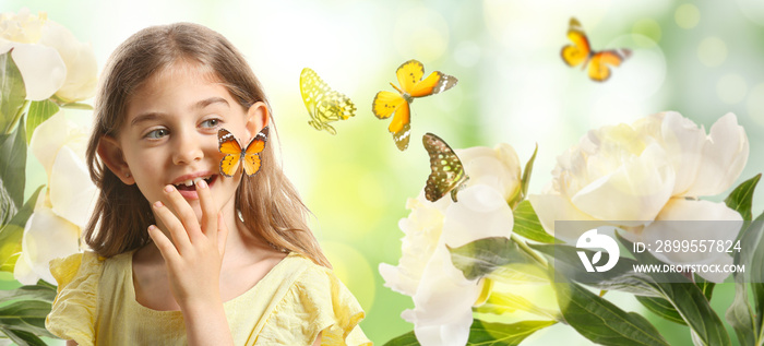Cute little girl with butterfly on white background
