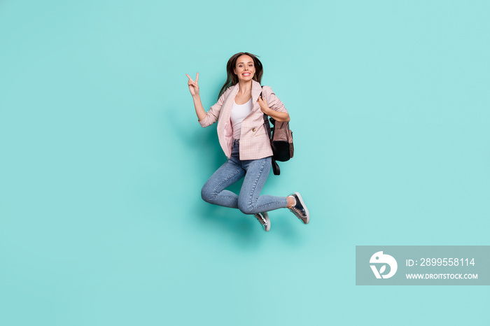 Full length body size view of nice-looking attractive optimistic cheerful cheery straight-haired lady having fun showing v-sign isolated over bright vivid shine blue green teal turquoise background