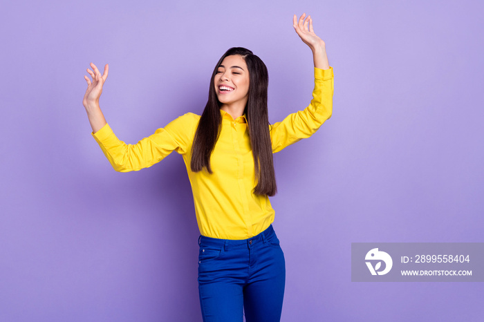 Photo of charming young pretty woman dance good mood funky lady isolated on purple color background