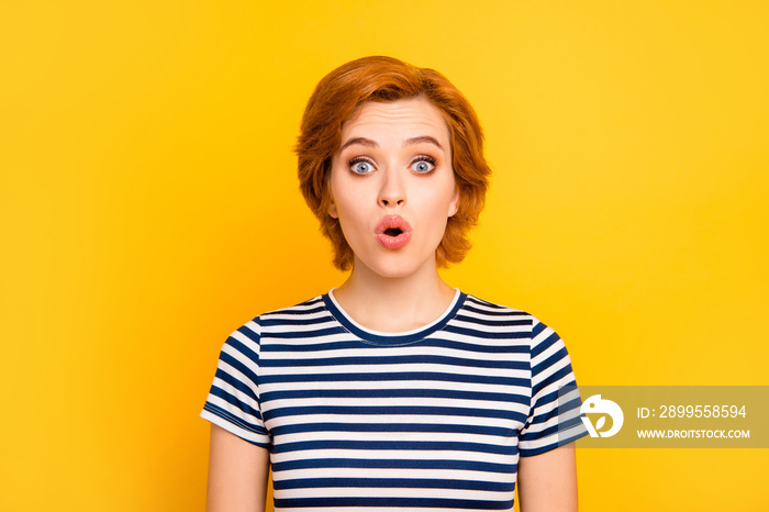 Close up photo beautiful amazing she her lady oh no expression eyes mouth widely opened unexpected wearing casual striped white blue t-shirt outfit clothes isolated yellow bright vibrant background