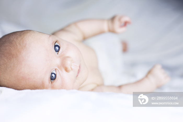 Beautiful baby girl on white blanket