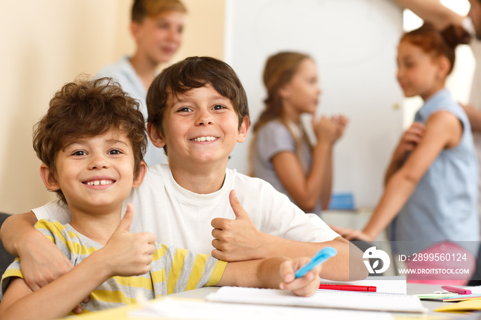 Portrait of boys enjoying interesting learning process in modern school. Cheerful pupils sitting together at table, looking at camera and showing with finger sign ok. Concept of modern education.