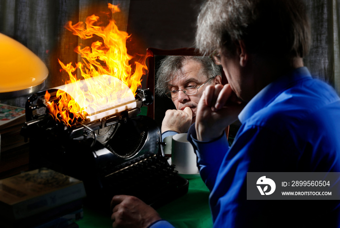 The author writes a book on fire on a printing press. Concept idea for writing a book, writing work, difficulties in writing text.