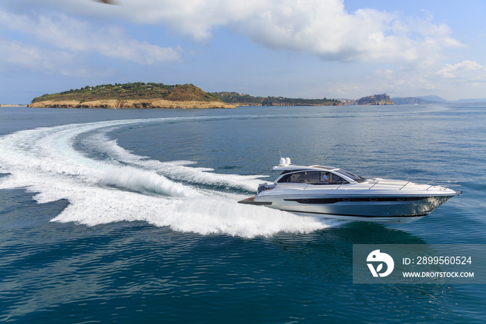 luxury motor boat, rio yachts italian shipyard, aerial view