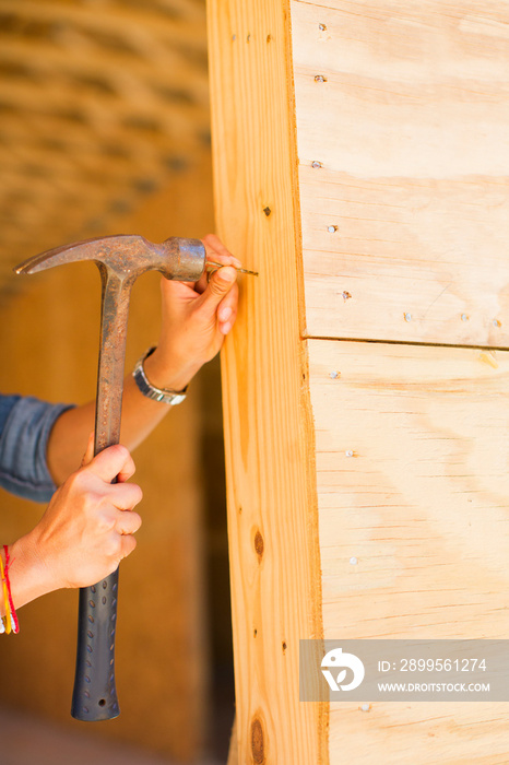 Mid adult woman hammering nail into wood, close-up