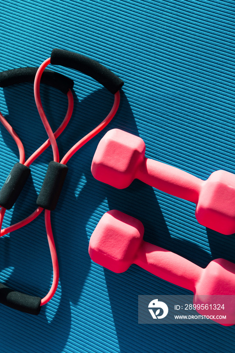 Top view of mat placed on floor with rubber expander and two dumbbells in fitness club