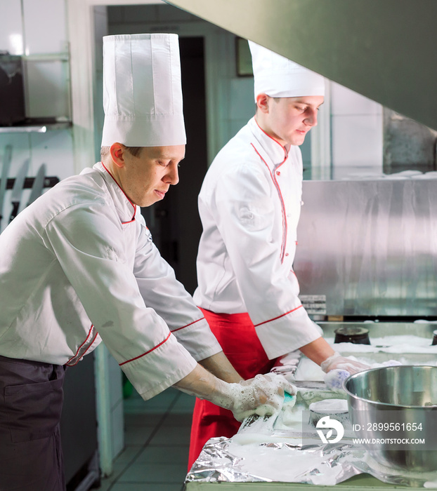 Sanitary day in the restaurant. Repeats wash your workplace. Cooks wash oven, stove and extractor in the Restaurant.