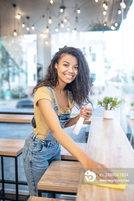 Pretty cheerful woman wiping table in cafe