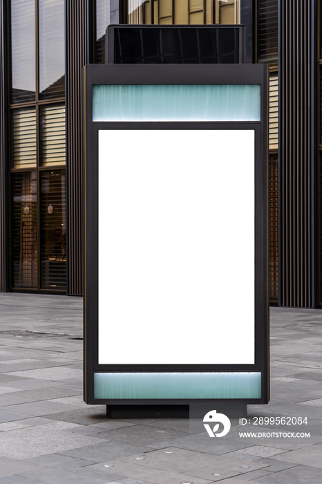 Background advertisement sign mockup blank space, light box stand sign hanging from retail storefront in city town center street shopping market, white empty for adding business logo advert