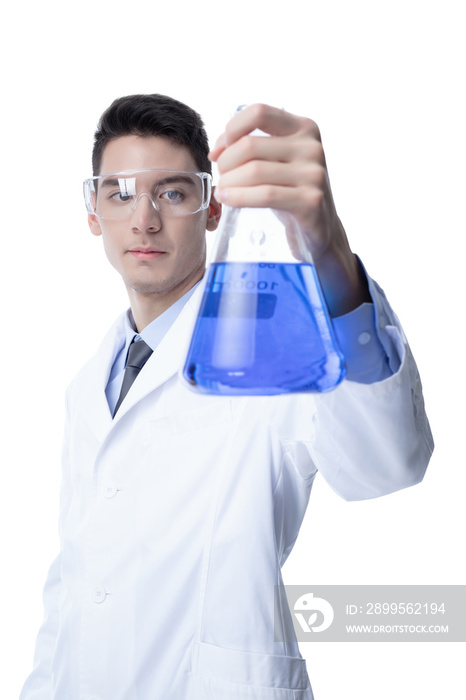 Portrait of male scientist thinking an idea while doing chemical research successful, isolated on white background.Science concept.