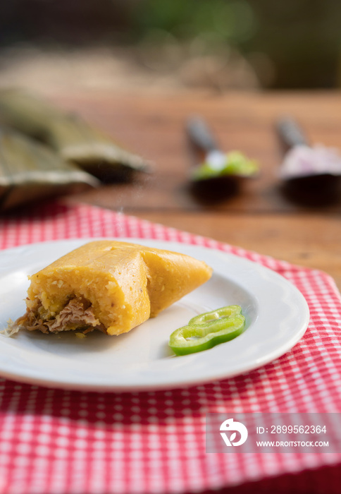 Half tamale on a white plate. Copy space.