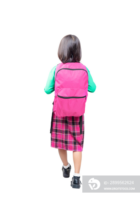 Rear view of asian cute girl with pink backpack standing