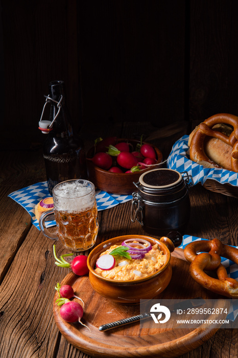 rustic Bavarian obazda with radishes and onions