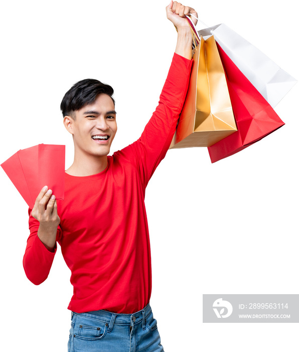 Surprised Asian man raising hands showing shopping bags and red envelope Ang Pow for Chinese new year sale concept, PNG file