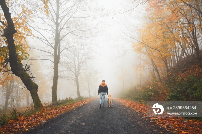 Man with dog in autumn nature