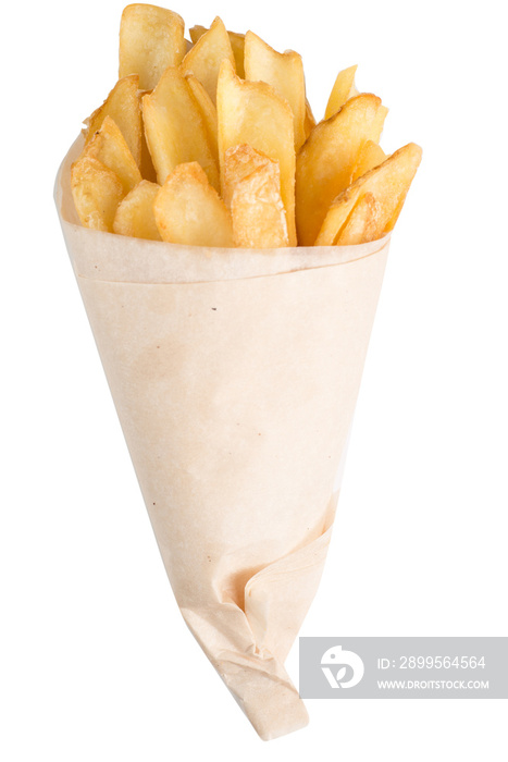 French fries in a paper bag. French fries in the form of chips