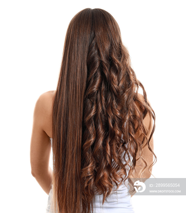 Beautiful woman with curly and smooth hair on white background, back view